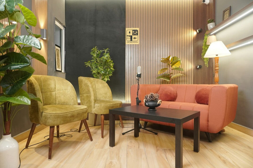 modern podcast studio interior